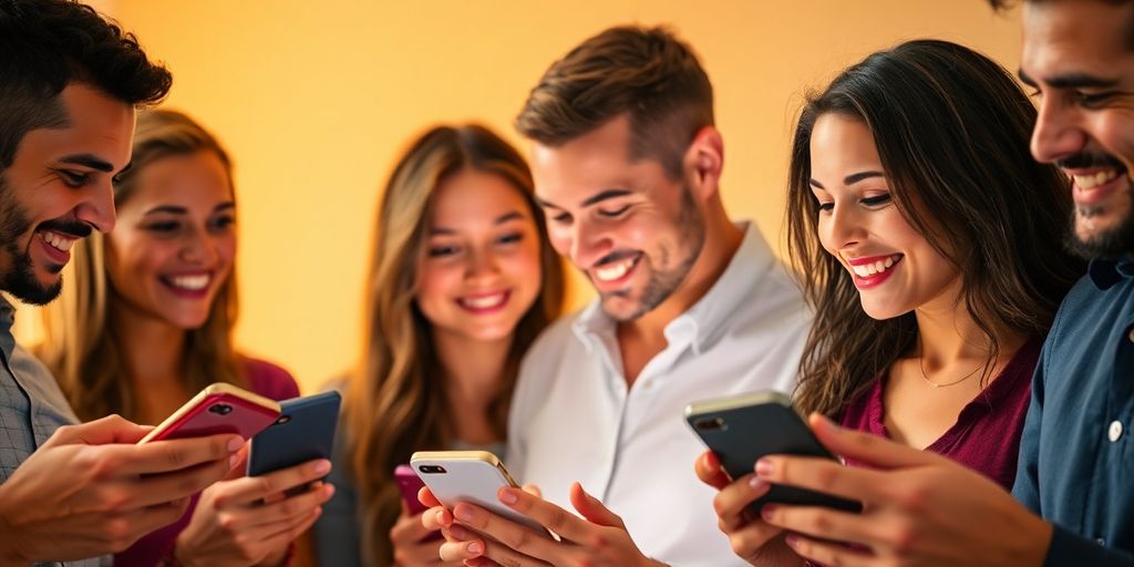 Diverse group of adults interacting happily on smartphones.