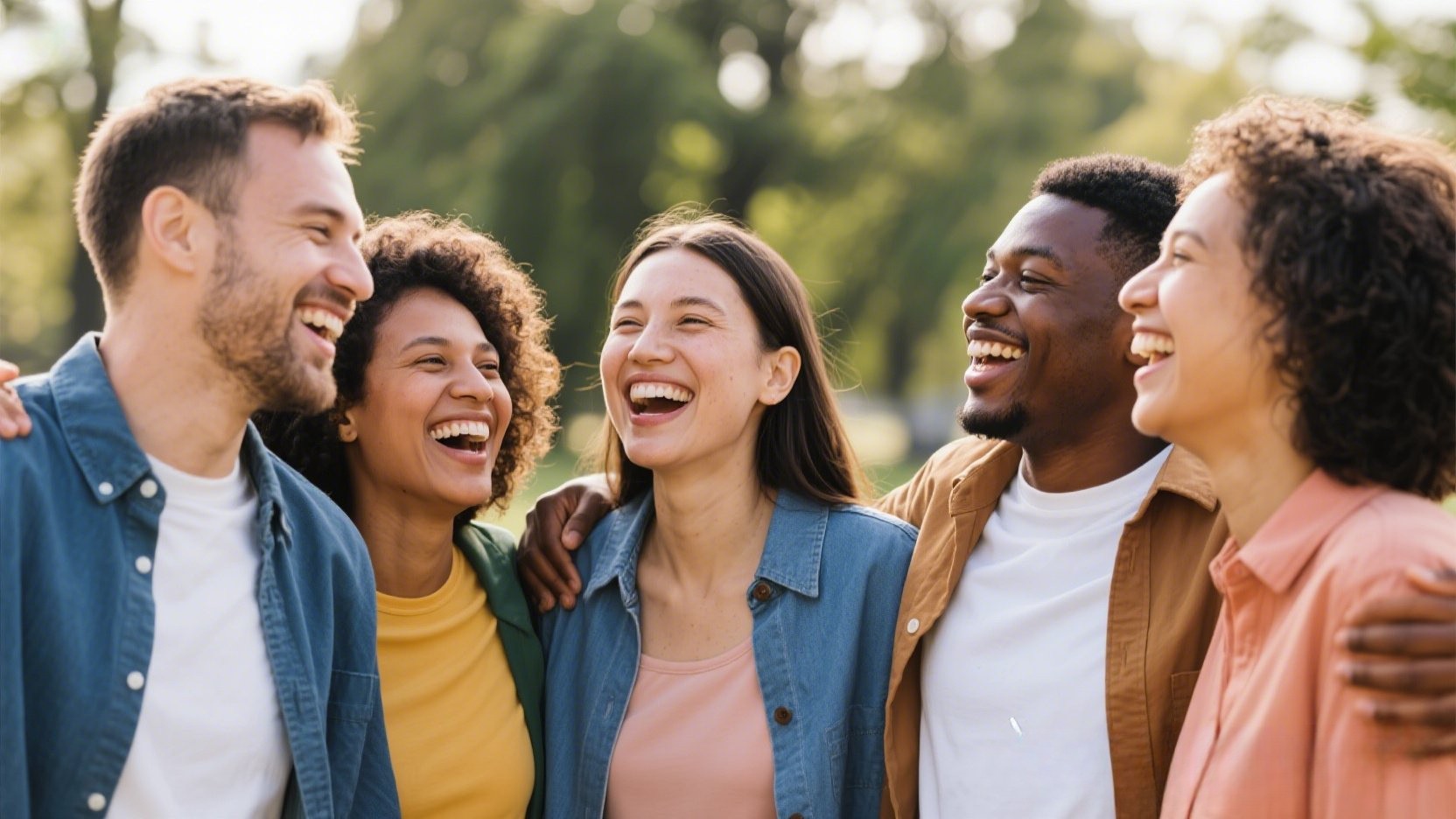 Diverse group of adults laughing together outdoors.