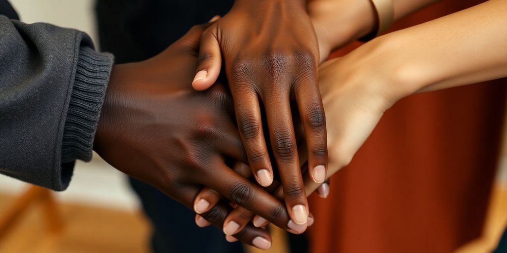Diverse group of adults, various skin tones, holding hands.
