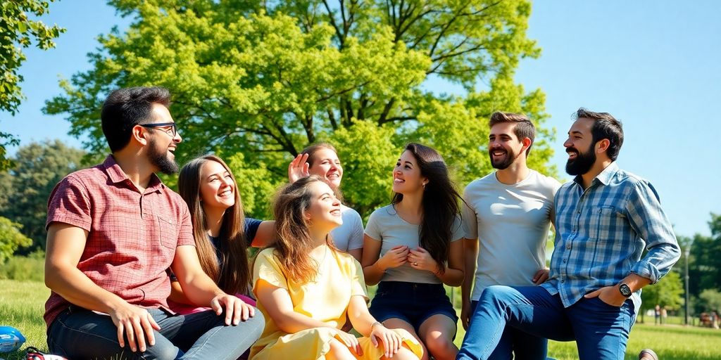 Diverse group of friends laughing outdoors.