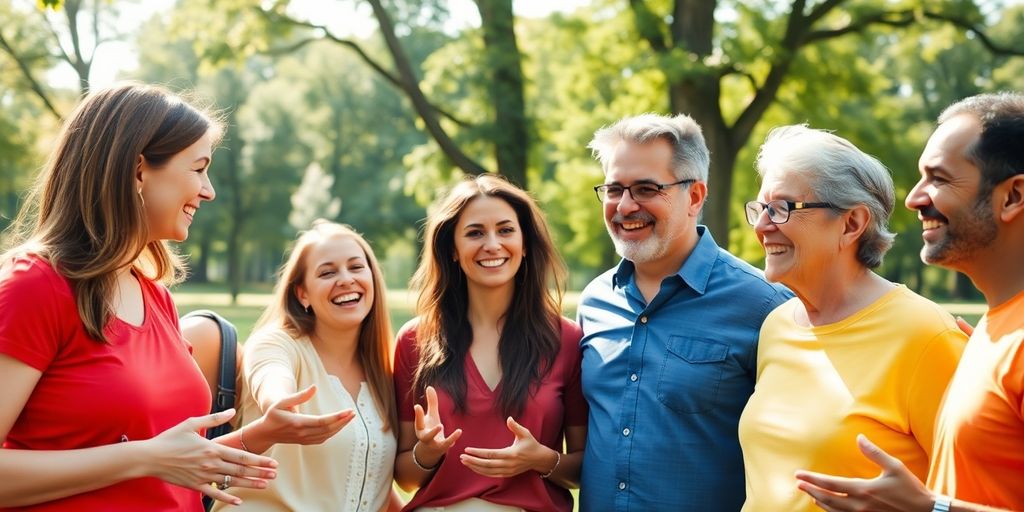 Diverse group of friends laughing together outdoors.