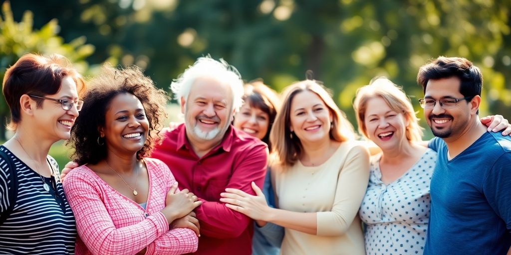 Diverse group of happy adults embracing outdoors.