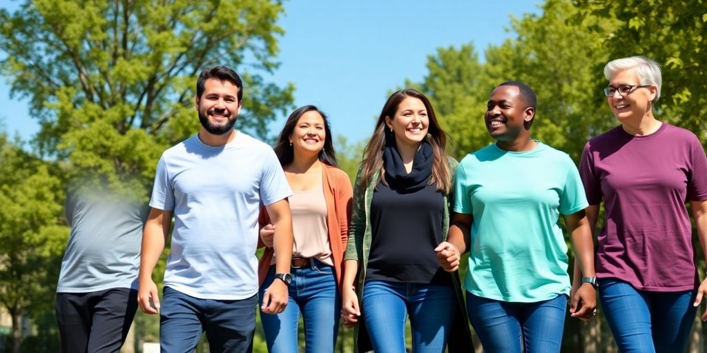 Diverse group of happy adults holding hands.