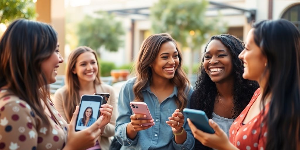 Diverse group of happy adults on phone apps.