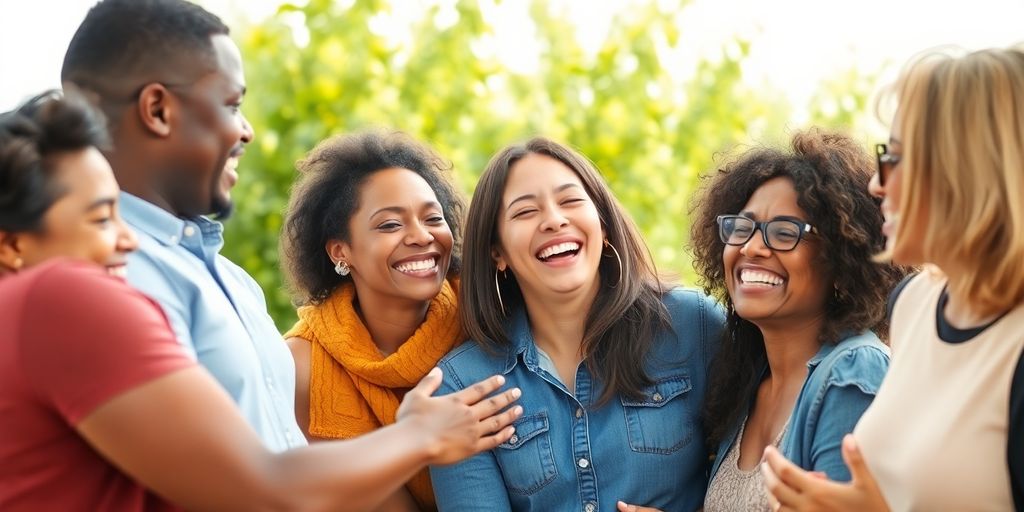 Diverse group of happy, affectionate people outdoors.