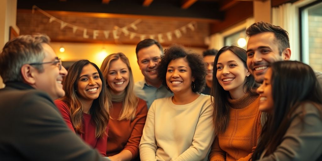 Diverse group of happy people in warm, inviting setting.