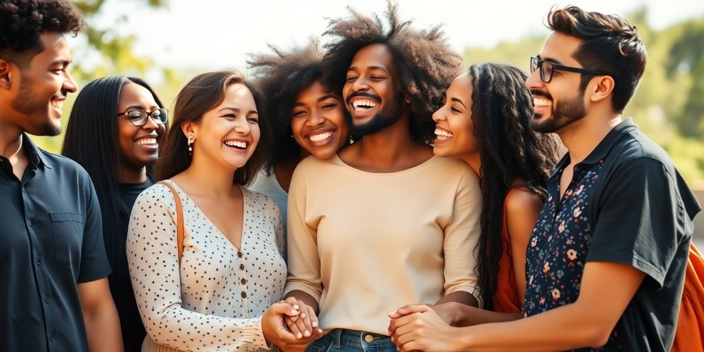 Diverse group of happy, smiling people outdoors.