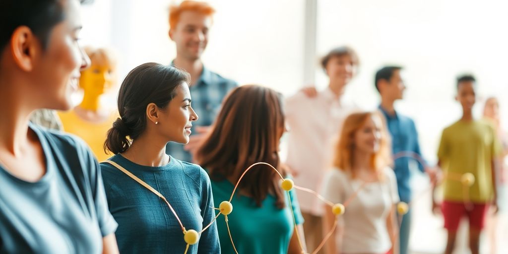 Diverse group of people connected in a colorful network.