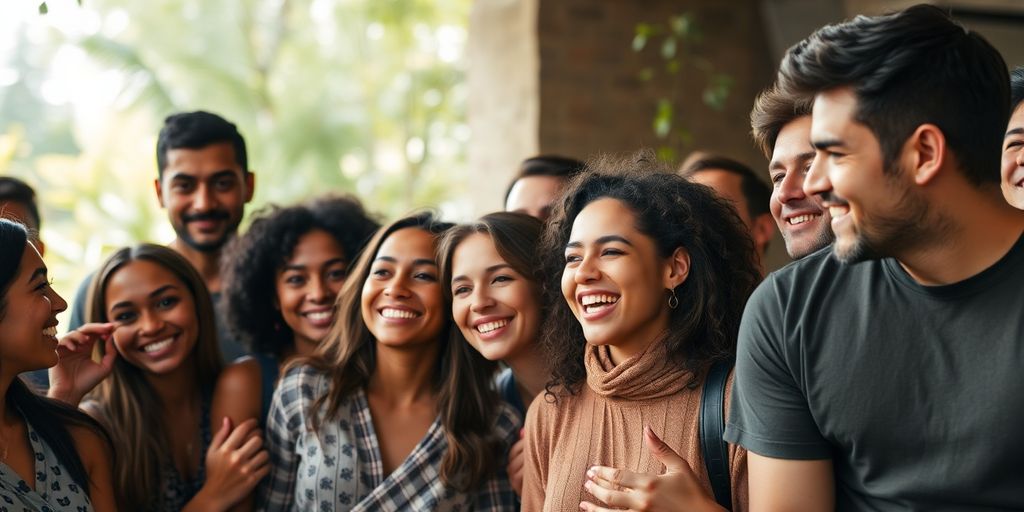 Diverse group of people connecting and smiling.