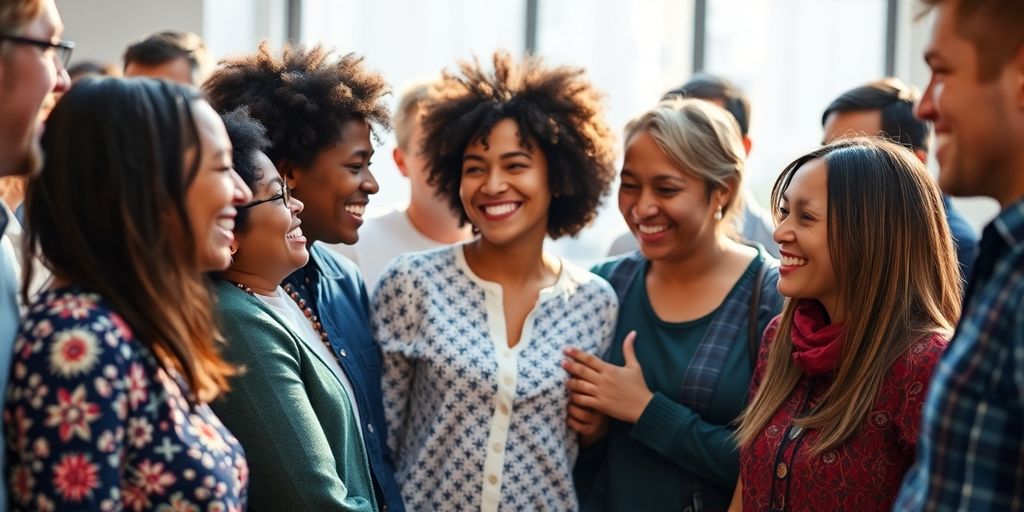 Diverse group of people connecting in a warm, inviting space.
