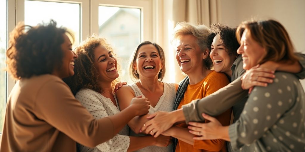 Diverse group of people embracing each other joyfully.