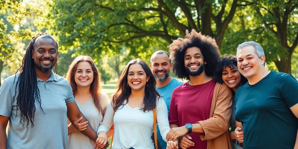 Diverse group of people embracing each other outdoors.
