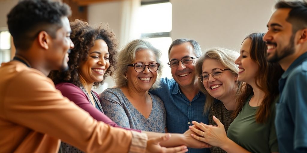 Diverse group of people embracing each other.