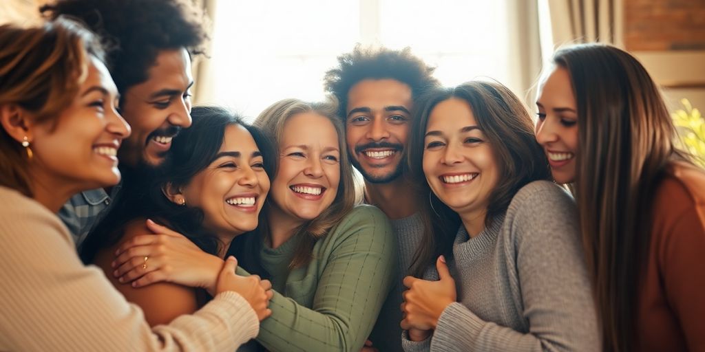 Diverse group of people embracing, smiling.