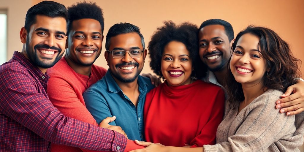 Diverse group of people in an embrace.