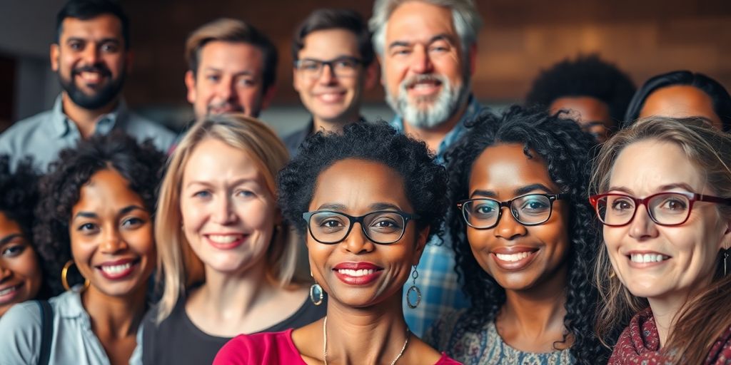 Diverse group of people in warm, vibrant colors.