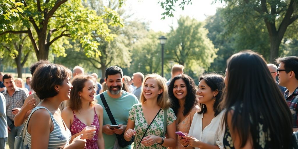 Diverse group of people interacting warmly.