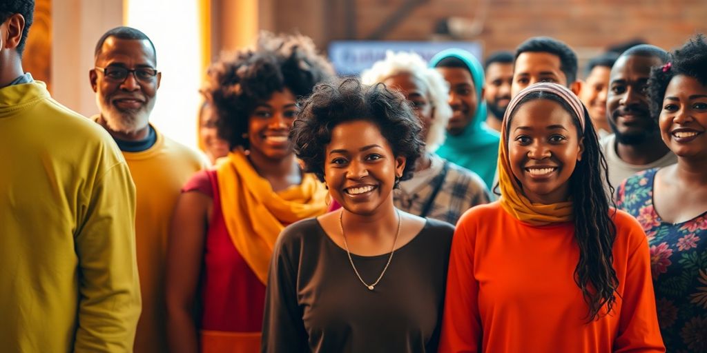 Diverse group of people of color in vibrant attire.