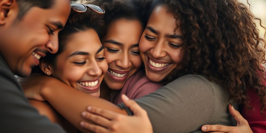 Diverse group of people sharing a warm embrace.