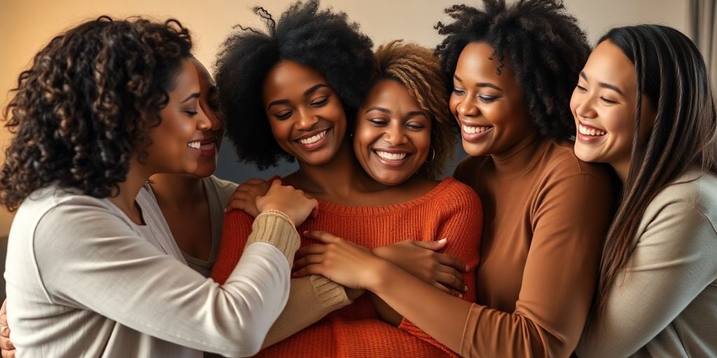 Diverse group of people sharing a warm, supportive embrace.