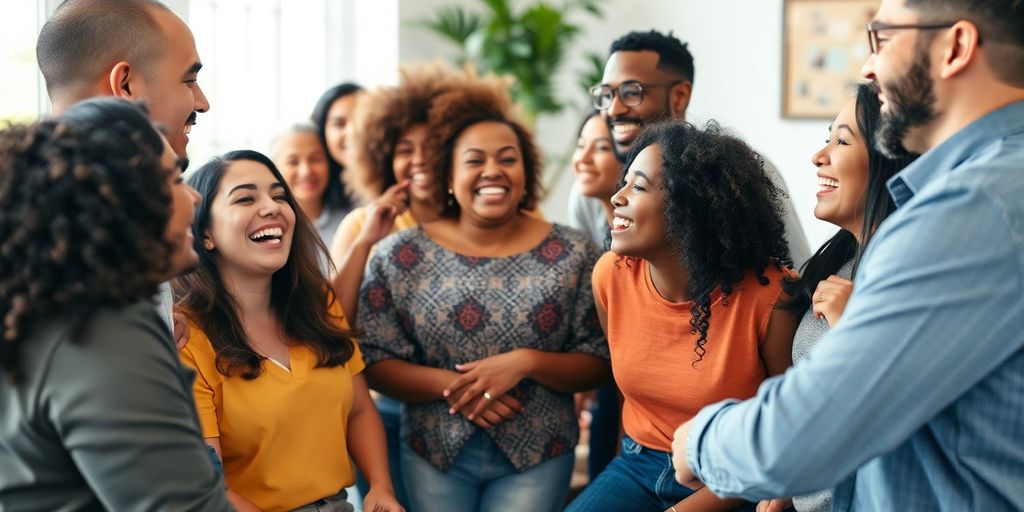 Diverse group of people smiling and interacting warmly.