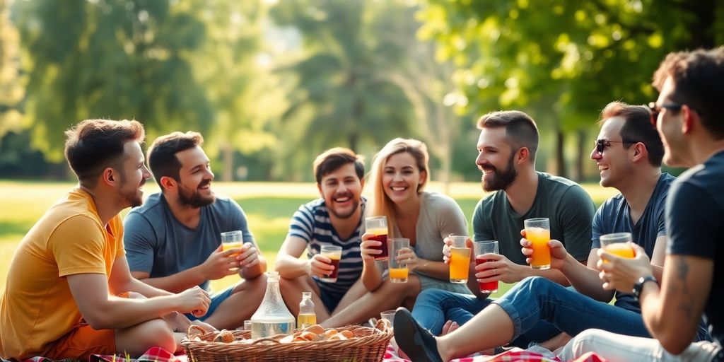 Diverse group of queer friends laughing.