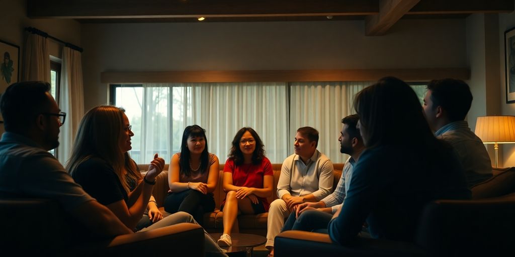 Diverse group openly discusses health in a warm, inviting setting.