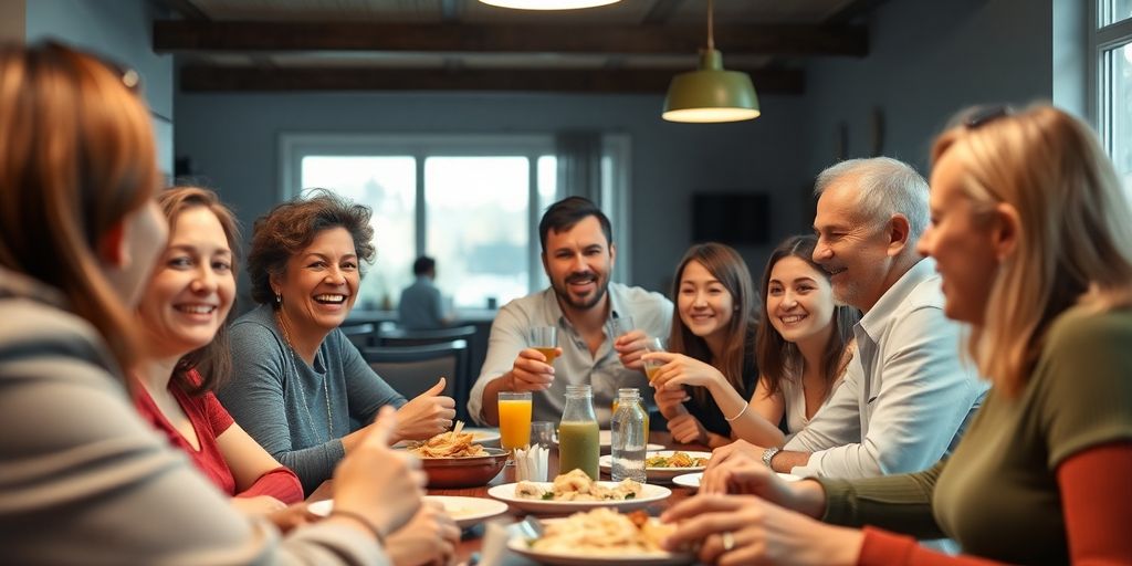 Diverse group sharing a meal, smiling warmly.