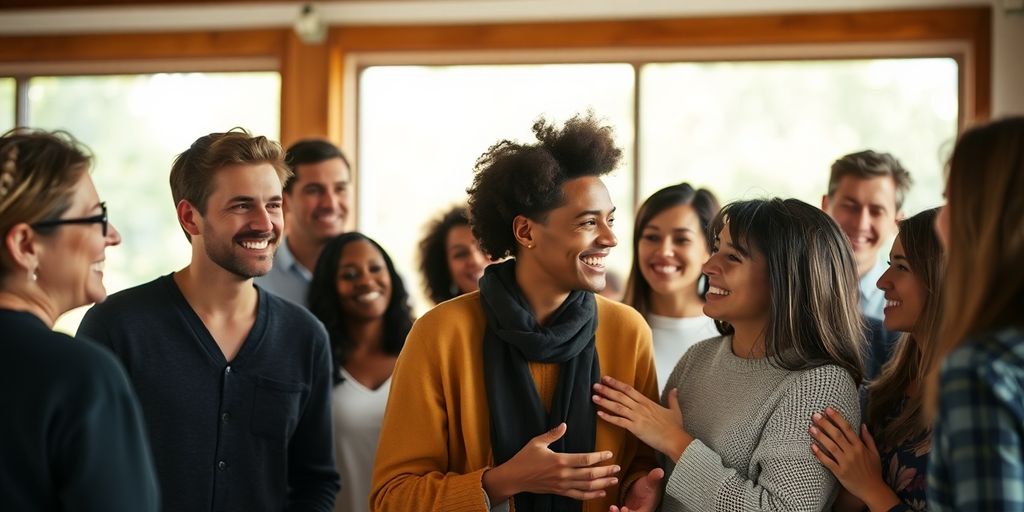 Diverse group sharing affection, warm lighting.