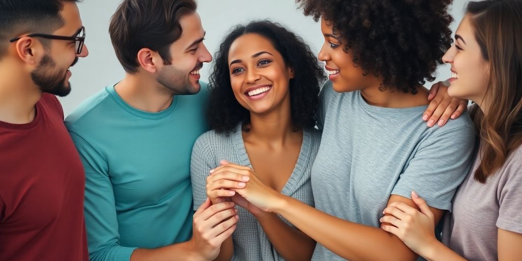 Diverse group smiling, arms linked, supportive.