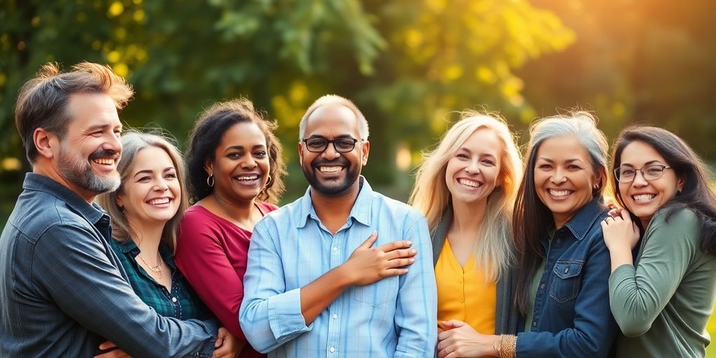 Diverse group smiling, embracing