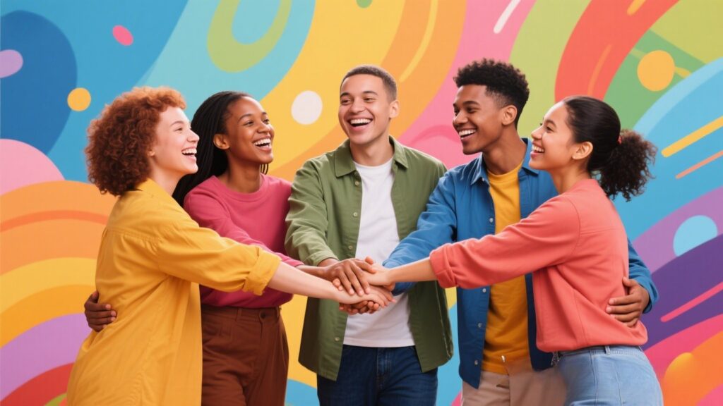 Diverse group smiling, holding hands, colorful abstract background.