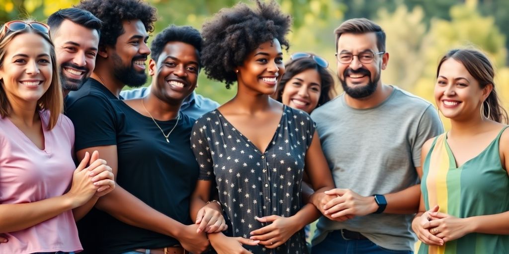 Diverse group smiling, holding hands, colorful background.
