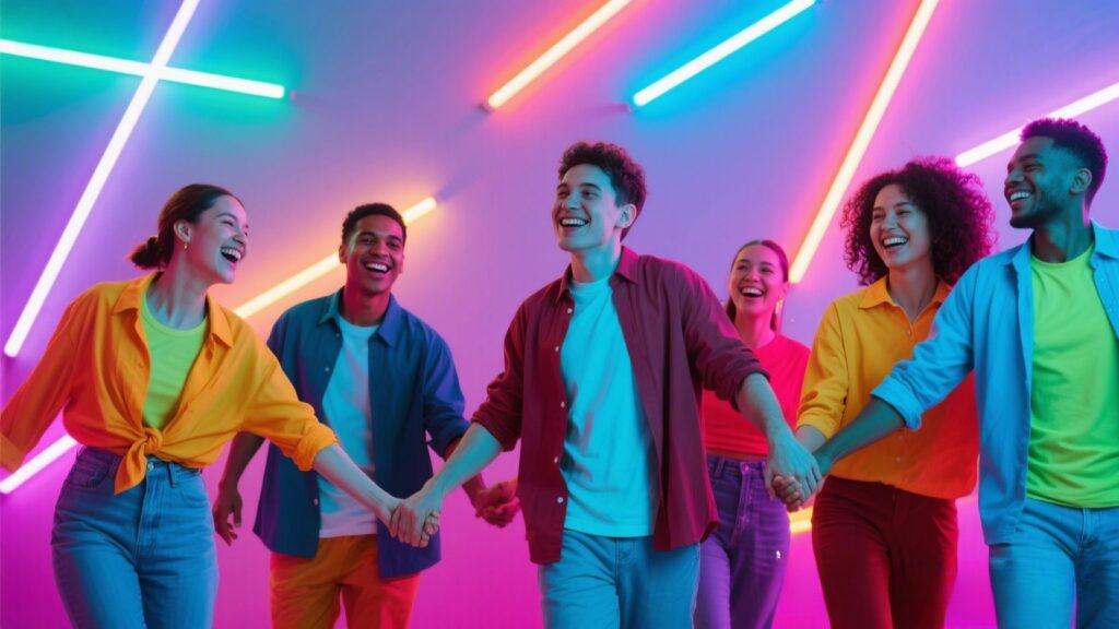 Diverse group smiling, holding hands, colorful background