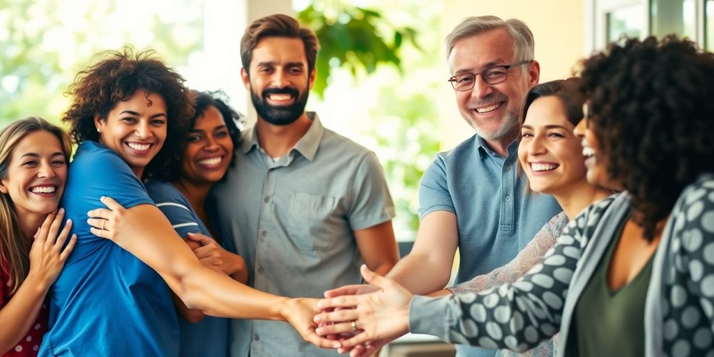 Diverse group smiling, holding hands, embracing.
