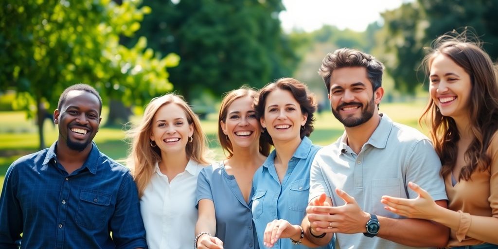 Diverse group smiling, holding hands in a park.