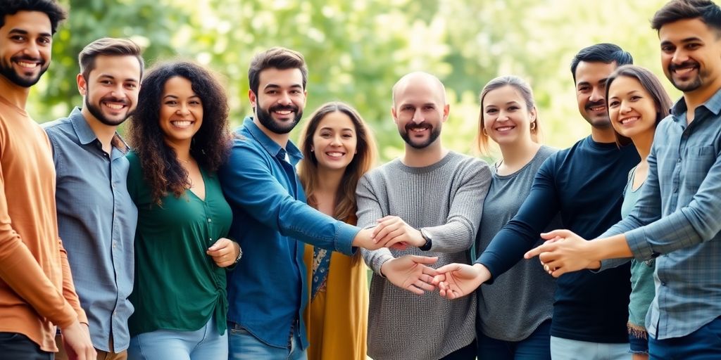 Diverse group smiling, holding hands outdoors.