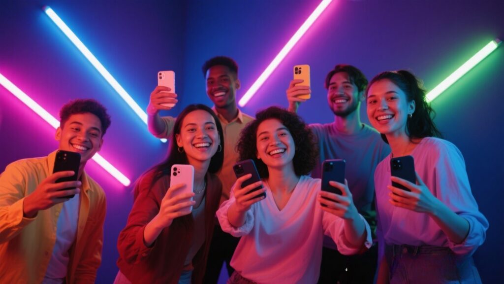 Diverse group smiling, holding phones, colorful background.