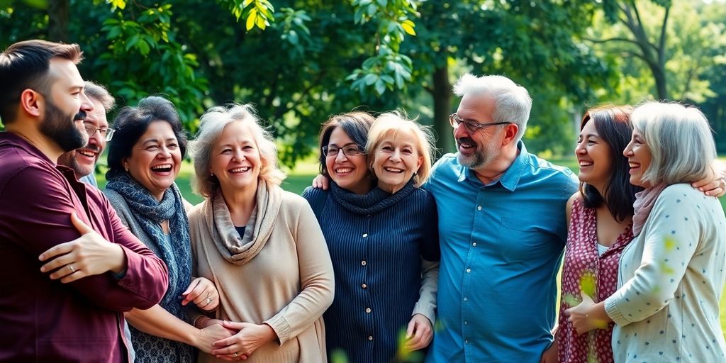 Diverse group smiling, hugging outdoors.