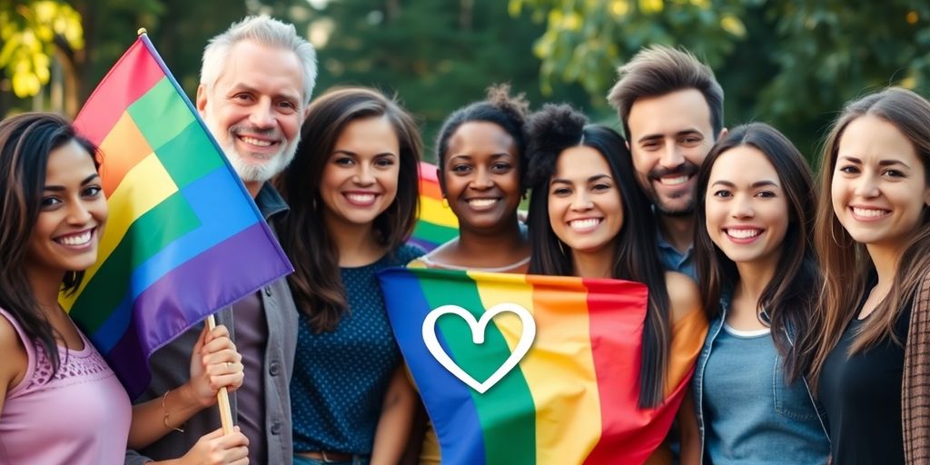 Diverse group smiling, pride flags, polyamory symbol.