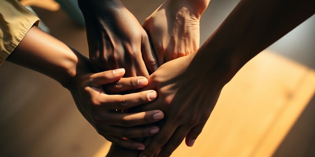 Diverse hands clasped, vibrant, unified, progressive, supportive.