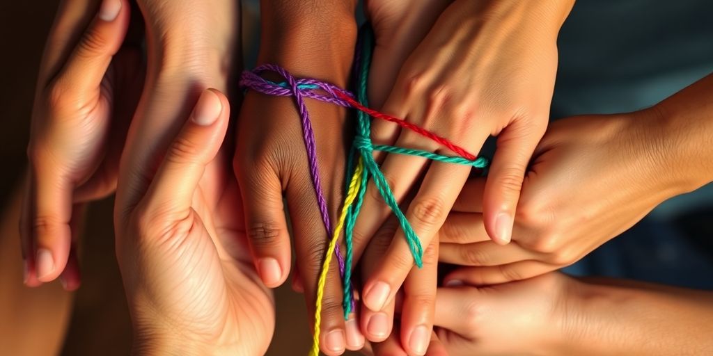 Diverse hands connecting, intertwined with colorful threads.
