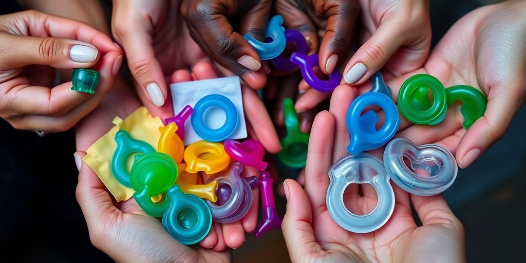 Diverse hands exchanging colorful condoms and dental dams.