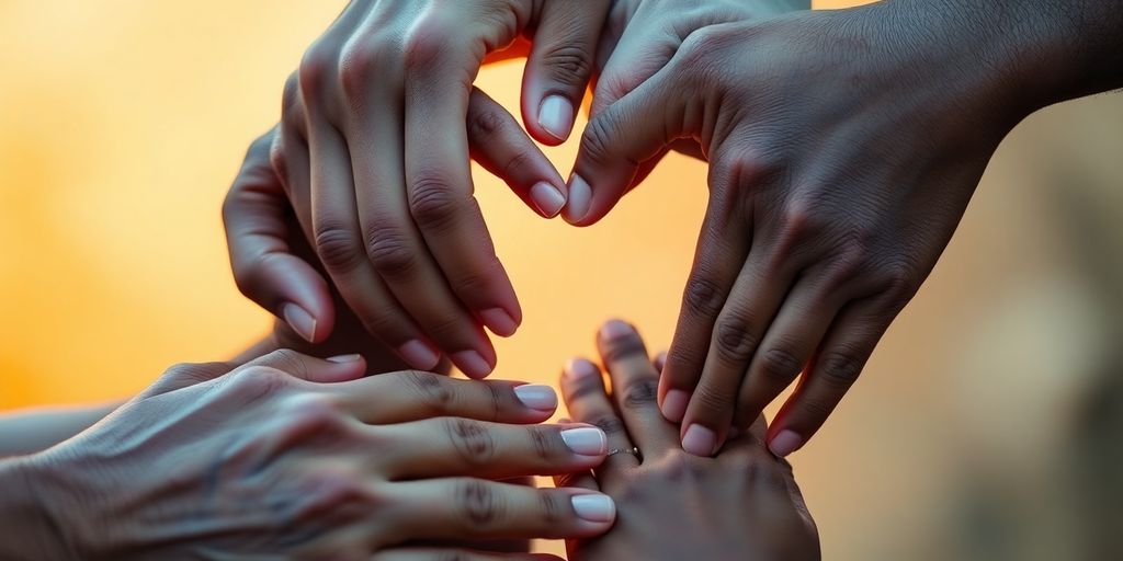 Diverse hands form a heart shape.