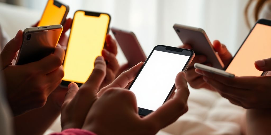 Diverse hands holding glowing smartphone screens