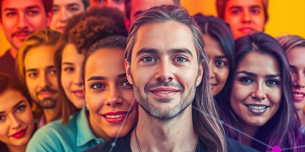 Diverse individuals connected by colorful, abstract lines of attraction.