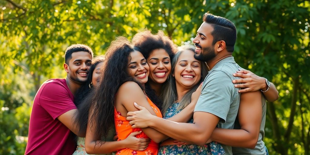Diverse individuals embracing in a sunlit, natural setting.