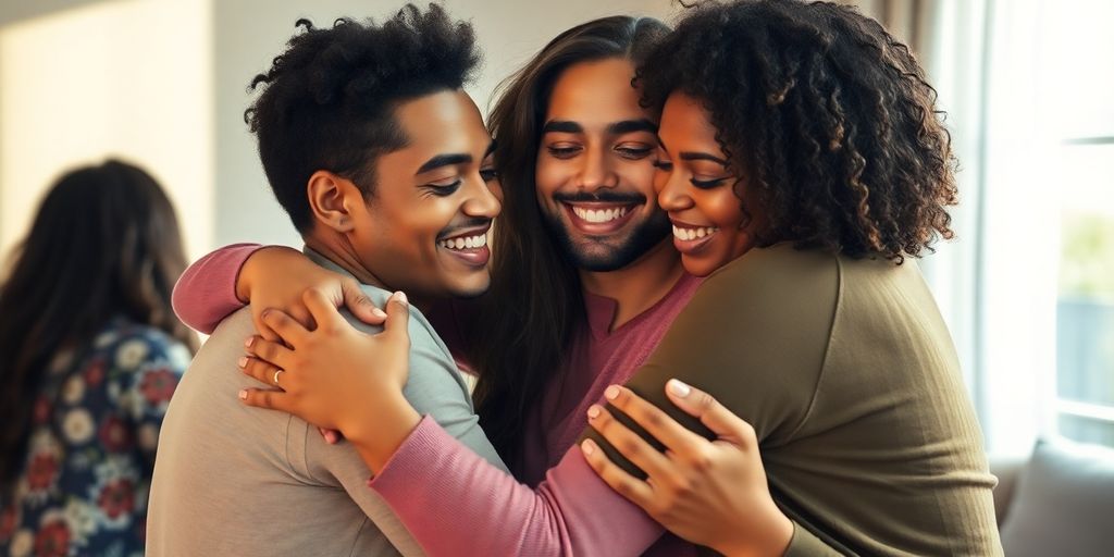 Diverse individuals embracing, soft lighting, vibrant colors.