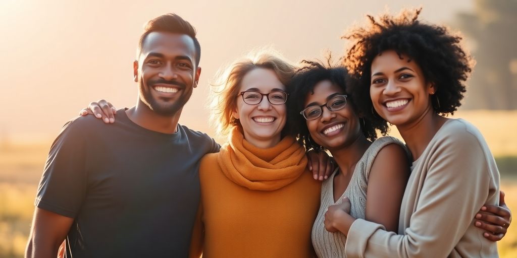 Diverse individuals embracing, vibrant rainbow colors softly blending.