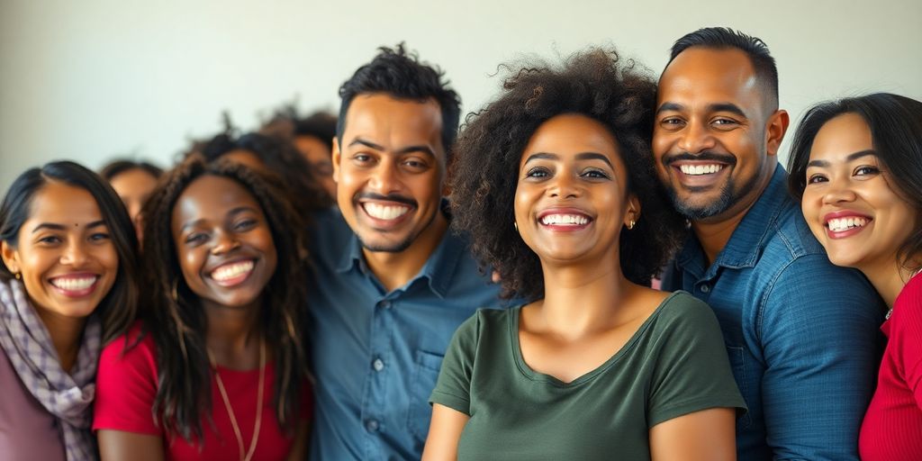 Diverse individuals interacting warmly together.